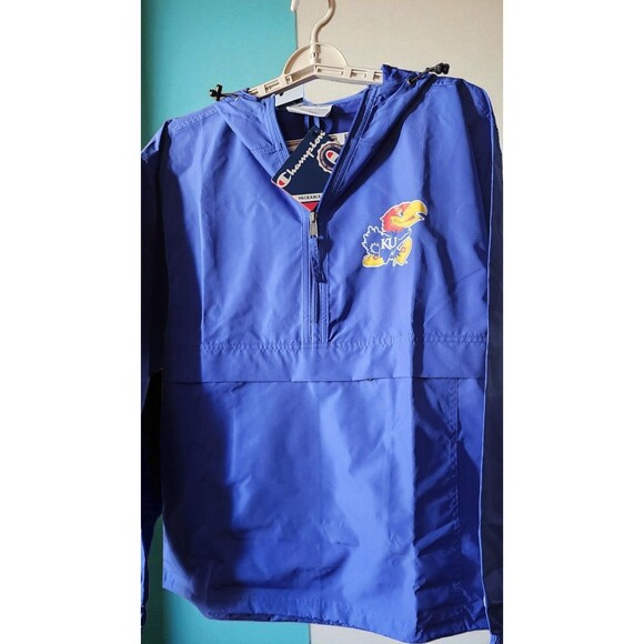 CHAMPION Men’s Stadium Hooded Windbreaker Jacket Small 1/4 Zip D25 KU Jayhawks - Picture 1 of 4